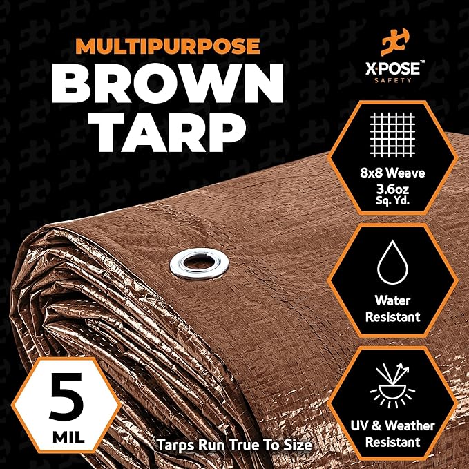 Multipurpose Protective Cover Brown Poly Tarp 9' x 12' (2-Pack) - Durable, Water Resistant, Weather Resistant - 5 Mil Thick Polyethylene - by Xpose Safety