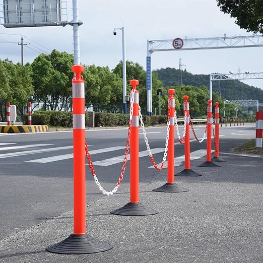 6-Set Pack 40" inch Red White Work Zone Chain Post Set, Traffic Delineator Post Cones, 6 x 6.6' Feet Plastic Chains, Portable Crowd Control Stanchion Set (Red-Rubber Base)