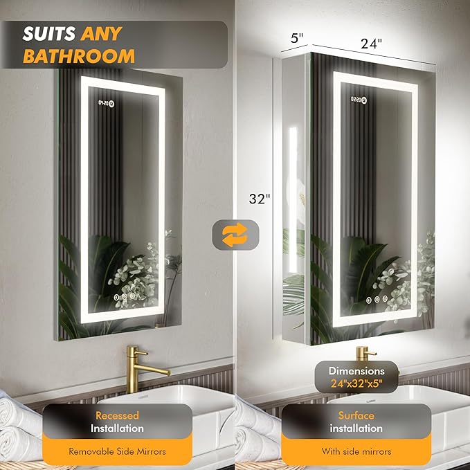 LED Lighted Medicine Cabinet Front & Backlit Dimmable Colours, Clock & Temp, USB Outlets (24 x 32)