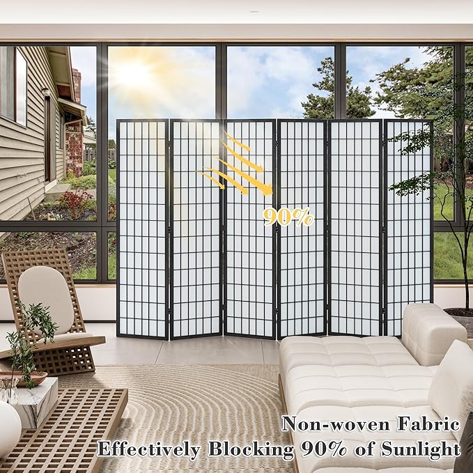 WelFurGeer 6 Panel Shoji Screen Room Divider, Folding Privacy Screens, Room Partitions and Dividers, Decorative Room Dividers, Wall Dividers for Room Separation, Japanese Room Divider for Home (Black)