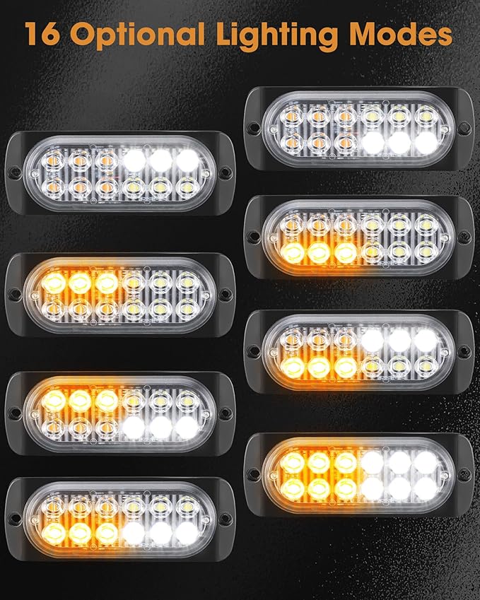 Leelosp 20 Pcs 12 LED Strobe Lights for Tow Trucks Construction Vehicles Surface Mount Emergency Hazard Beacon Safety Warning Lamps Flashing 12-24V Grille Head for Car Accessories (Amber and White)