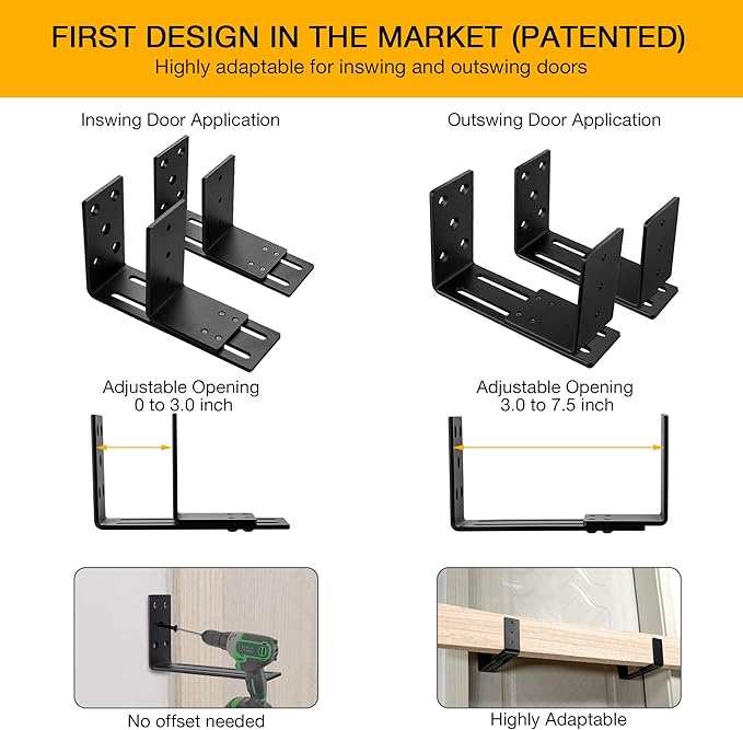 Adjustable Barricade Brackets (2pcs) - Drop Open Bar Holder for Security Door Reinforcement Steel U Bracket for Outswing and Inswing Doors or Gates