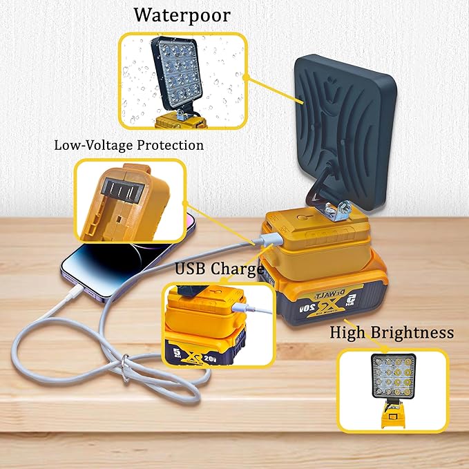 LED Work Light for DW 20V/18V Battery,byczone 20v Work Light with Low Voltage Protection,USB Charging Port LED flishlight for Job Site&Security Lighting/Camping/Outdoor Fishing(Only Tool)