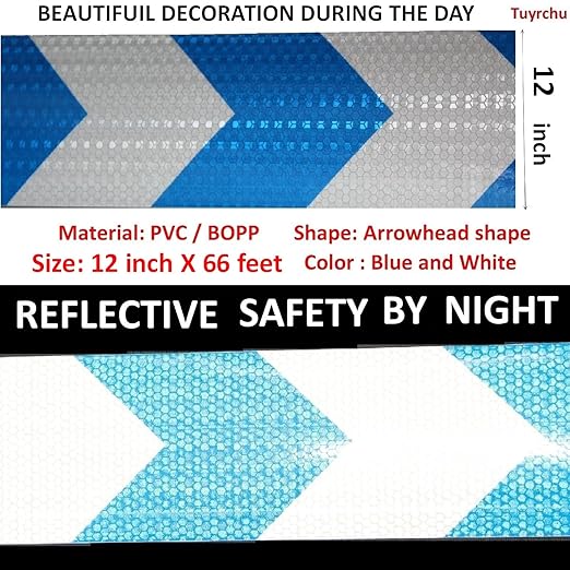 Reflective Tape Blue White 12 inch Wide for Cars, Outdoor Waterproof High Visibility Safety Warning Adhesive Strips (66 feet)
