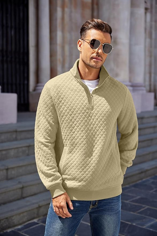 COOFANDY Mens Quarter Zip Pullover Quilted Sweatshirt Knit Long Sleeve Mock Neck Sweater Polo with Pocket