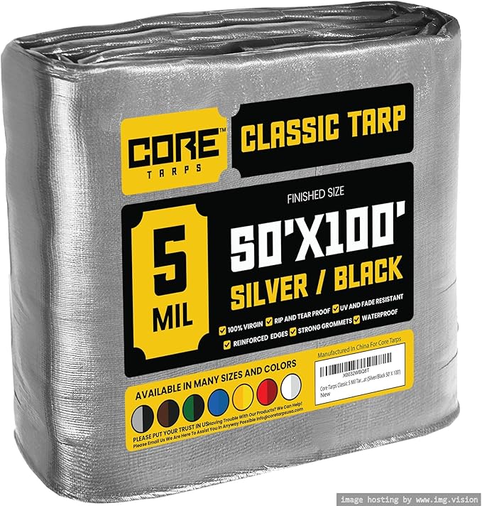 Core Tarps Classic 5 Mil Tarp Cover, Waterproof, UV Resistant, Rip and Tear Proof, Poly Tarpaulin with Reinforced Edges for Roof, Camping, Patio, Pool Cover, Boat (Silver/Black 50′ X 100′)