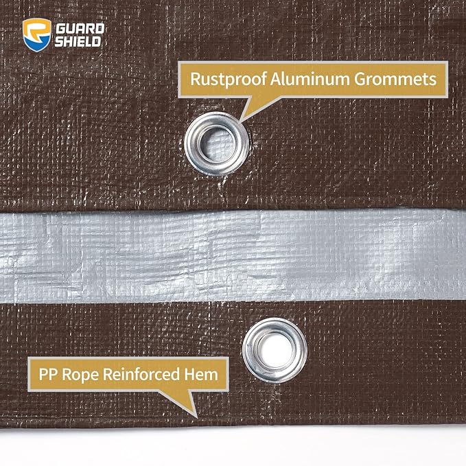 GUARD SHIELD Tarps Heavy Duty Waterproof 12x20 Feet Brown/Bright Silver Poly Tarp Cover Outdoor Thick UV Resistant Tarpaulin with Grommets 10mil