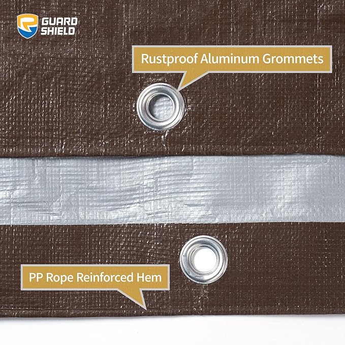 GUARD SHIELD Tarps Heavy Duty Waterproof 18x24 Feet Brown/Bright Silver Poly Tarp Cover Square Outdoor Thick UV Resistant Tarpaulin with Grommets 10mil
