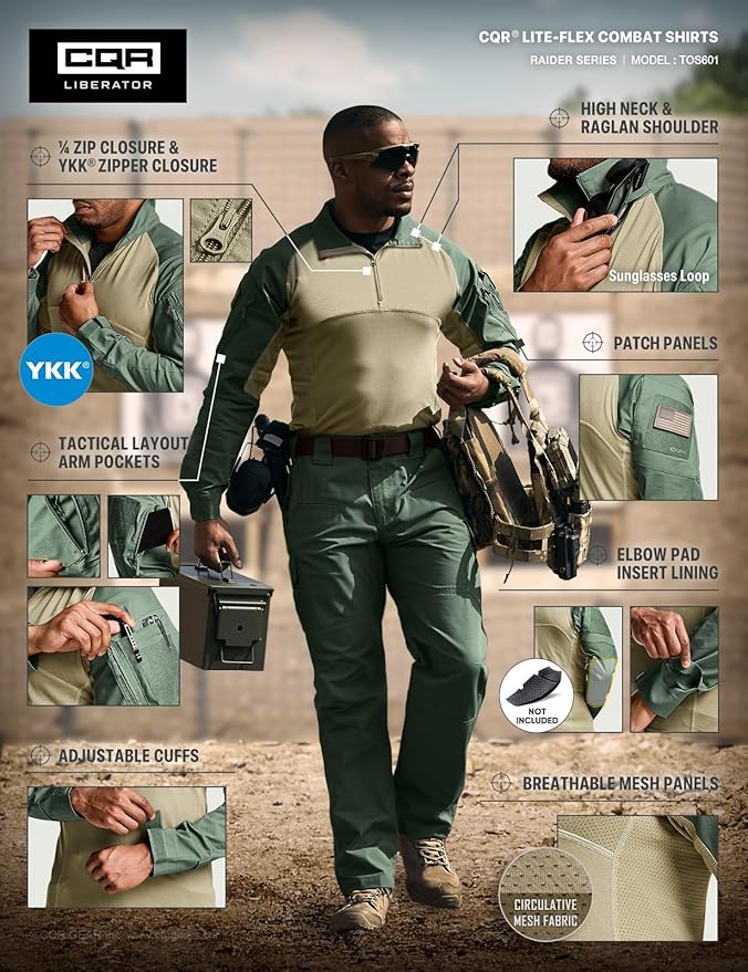 CQR Men's Combat Shirt Tactical 1/4 Zip Long Sleeve Military BDU Shirts Camo EDC Top with Pockets