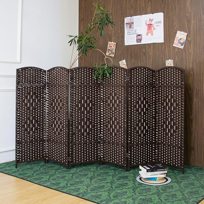 6 Panel Rattan Divider Short Room Partition Screen,Double Sided Folding Divider for Room Separation,Dark Brown,47.2" H x 94.5" W