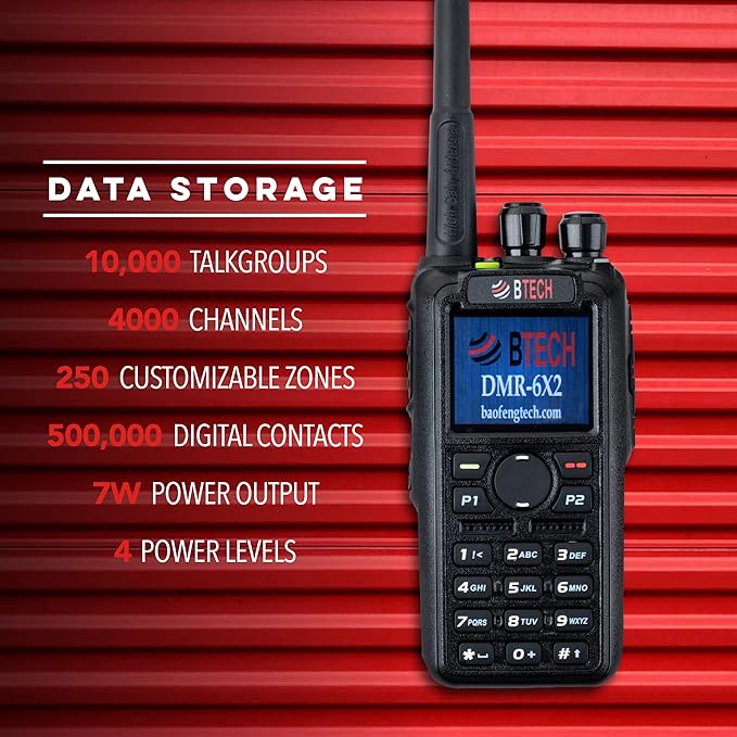 BTECH DMR-6X2 PRO DMR & Analog Two-Way Radio (Bluetooth + GPS) USB-C Battery – 7W VHF/UHF (136-174MHz & 400-480MHz), Encryption, Talker Alias, APRS, Roaming, Voice Recording, with Accessory Kit