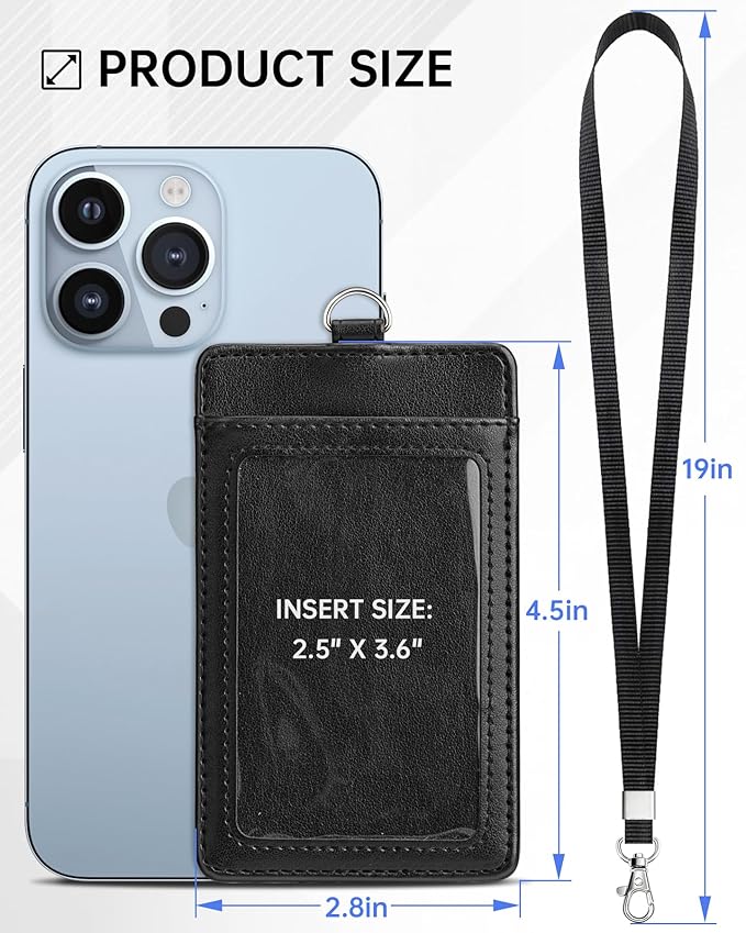 Teskyer Leather ID Badge Holder with Lanyard for Work School IDs, Cruise Ship Cards, Hotel Key Card, All Kinds of Pass Cards - Black