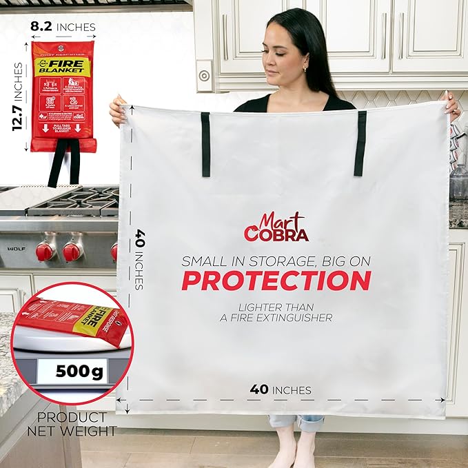 Mart Cobra Fire Blanket 2-Pack – Emergency Fire Suppression for Home & Kitchen – 40"x40" Fireproof Fiberglass Safety Blankets – Heat Resistant & Easy to Use – Smothers Grease & Electrical Fires