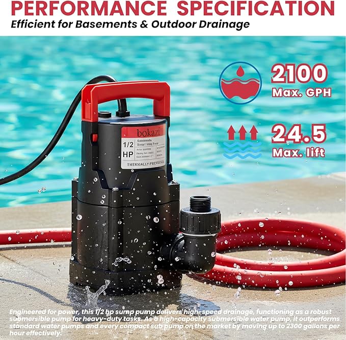 Sump Pump, Submersible Water Pump, 1/2HP Submersible Pump, Water Removal Pump With 10Ft. Garden Hose for Pool Draining, Hot Tub & Basement, Portable Pump with 25ft Long Cord & Garden Hose Adapter