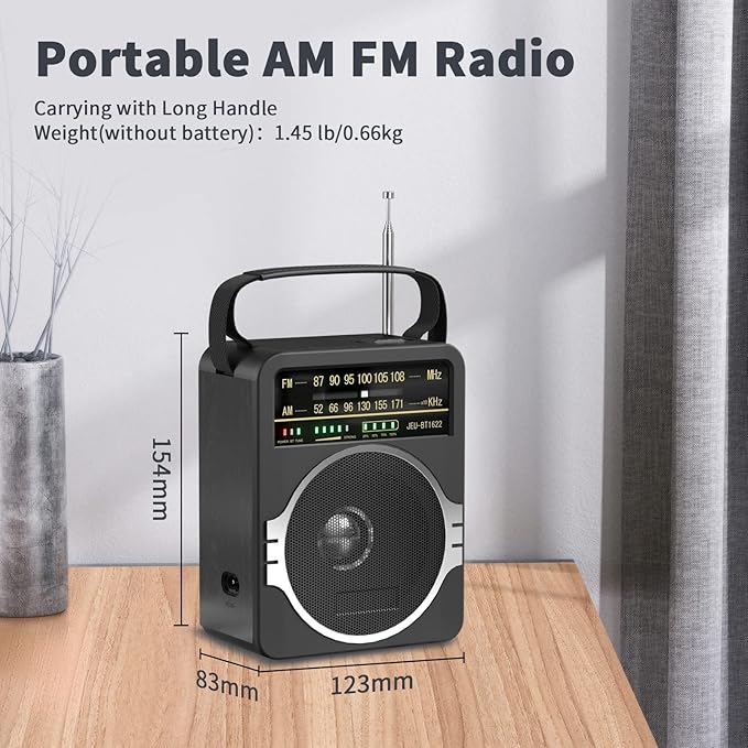 Portable AM FM Radio, Bluetooth 5.0 Radios 5 Watts Loud Speaker,FM Radio Built-in Rechargeable Battery/DC D*4 Cell Battery Operated & AC Power Plug in Wall Black