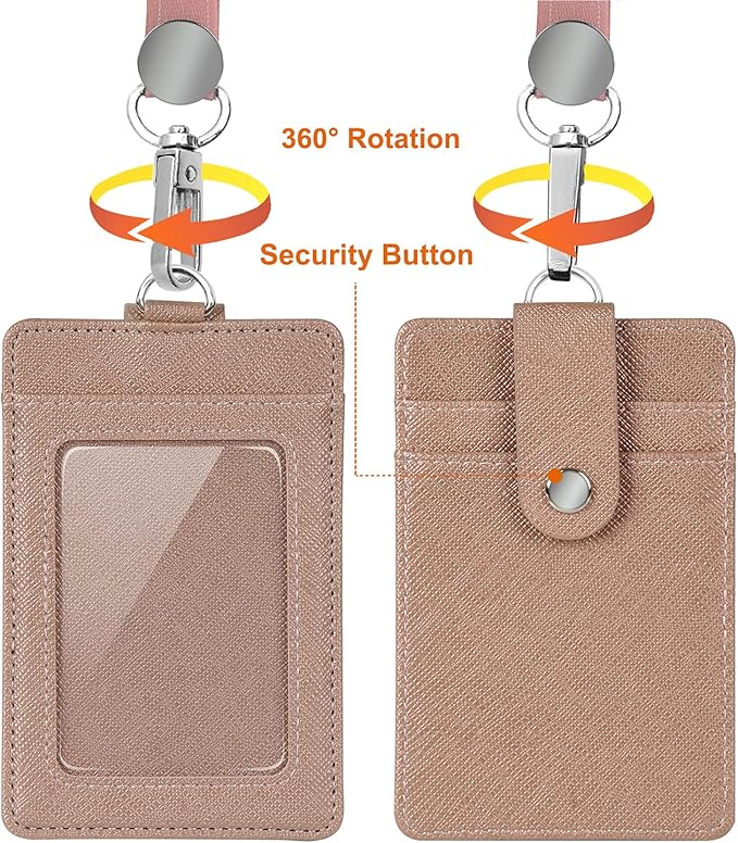 Life-Mate Badge Holder - Leather ID Badge Card Holder Wallet Case with 3 Cards Slot and Neck Lanyard/Strap. Additional Retractable Badge Reel with Belt Clip (Rose Gold)