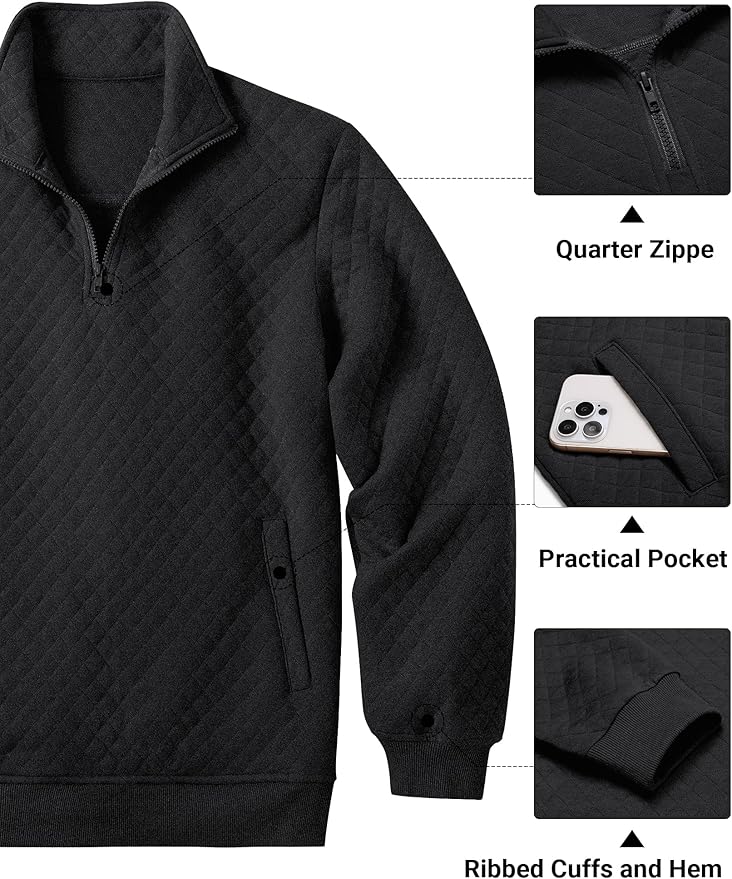COOFANDY Mens Quarter Zip Pullover Quilted Sweatshirt Knit Long Sleeve Mock Neck Sweater Polo with Pocket