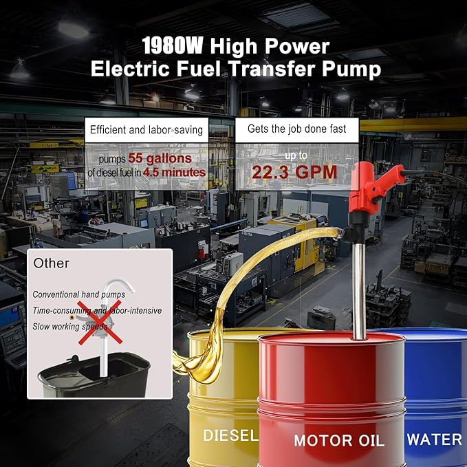 1980W Electric Fuel Transfer Barrel Pump, 110V 11000RPM,for 55Gallon Electric Transfer Pumps with 36in Stainless Steel Tube and 6.6ft Steel Wire Hose, for Diesel,Lubricants,Slightly Viscous Liquids
