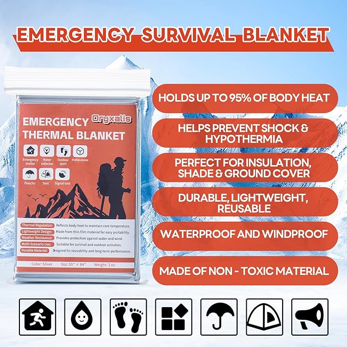 Emergency Mylar Thermal Blankets,Silver Foil Blanket Kit.Camping Heat Space Blankets for Survival,Perfect for Body Warmer in Hiking,Outdoor Traveling, First Aid (4 Pack)