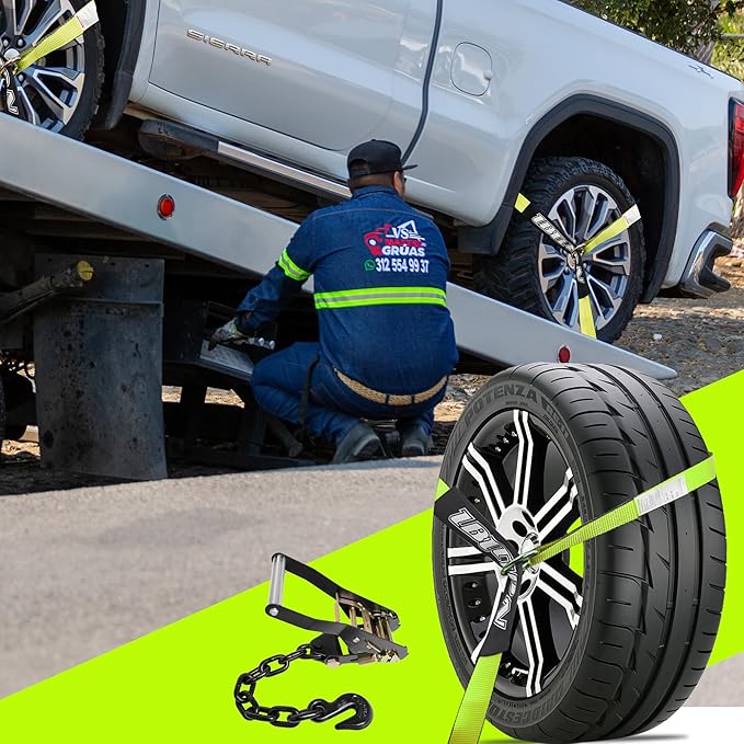 4 Pack Car Tie Down Straps for Trailers with Heavy Duty Chain Anchors 2" x 96" - 3,300 lbs Safe Working Load -Adjustable Wheel Straps with Chain Hook Anchors for Trailers.Green