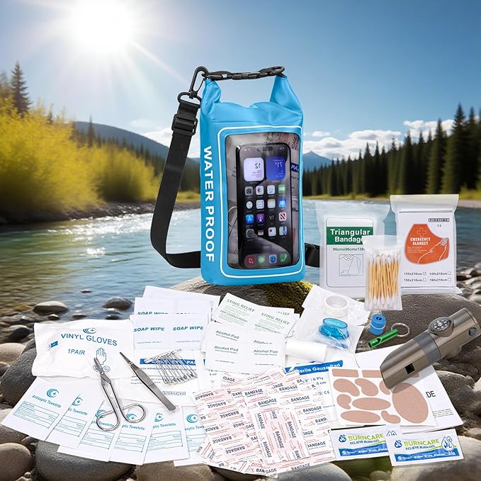 154 Pieces Waterproof Boat First Aid Kit Dry Bag with Cell Phone Bug Out Bags Pouch Roll Top Boat Emergency Kit 2-in-1 for Camping Fishing Kayaking Swimming Rafting