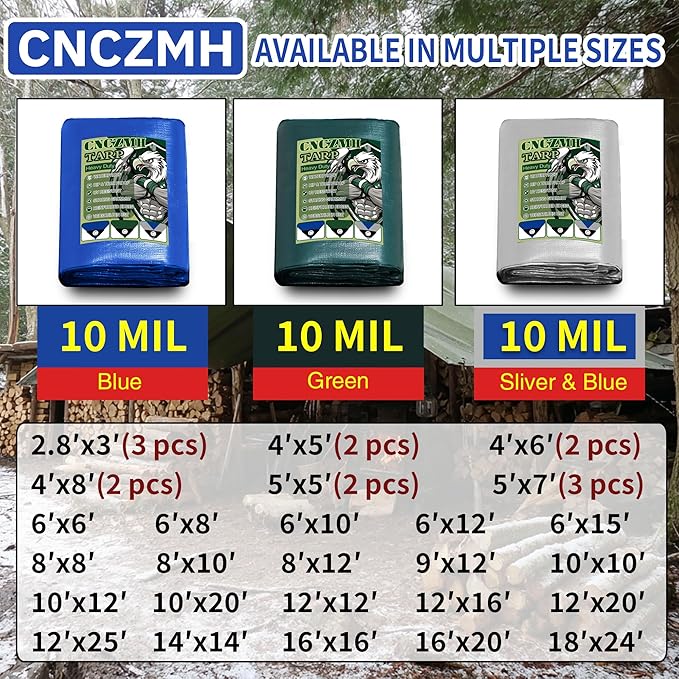 Heavy Duty Tarp Waterproof 9x12 Feet, 10 Mil Thick Green Poly Tarps Outdoor, Metal Grommets, Reinforced Edges, Multipurpose Tarpaulin Protective Cover for Camping, Boat, Swimming Pools, Car