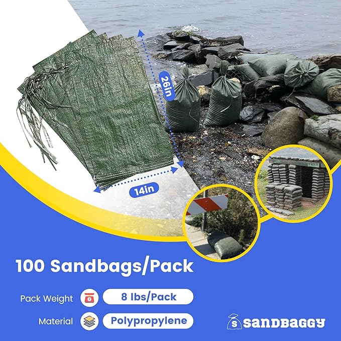 Sandbaggy - Heavy Duty Empty Sandbags For Flooding (14" X 26") - Poly Sand Bags - Flood Barrier, Weight, Construction, Earth Bag Homes - Reusable, UV Resistant - Tie Strings Attached (100 Bags)