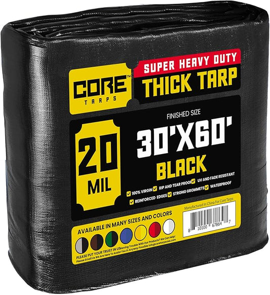 Core Tarps Extreme Heavy Duty 20 Mil Tarp Cover, Waterproof, UV Resistant, Rip and Tear Proof, Poly Tarpaulin with Reinforced Edges for Roof, Camping, Patio, Pool, Boat (Black 30′ X 60′)