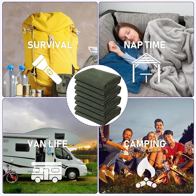 Preboun 3 Pieces Wool Camping Blanket Bulk 60" x 80" Military Wool First Aid Fire Retardant Blanket Queen for Outdoors Camping Stadium Picnics Travel Car Survival Kits(Olive Green)