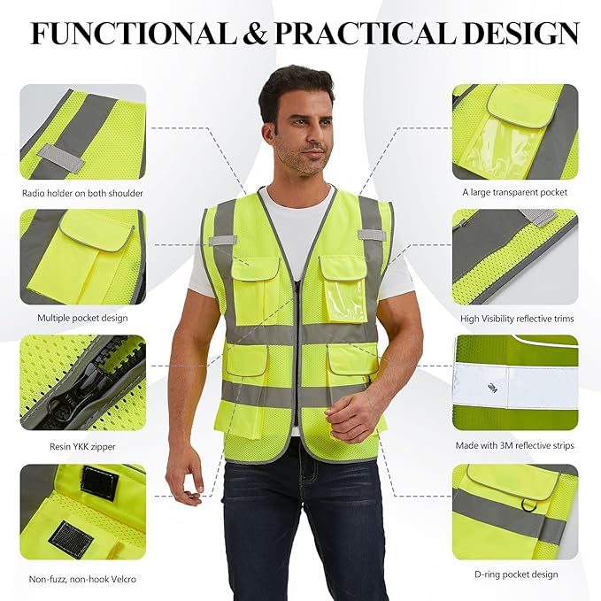 SIFE Reflective Safety Vest High Visibility Vest With 7 Pockets And YKK Zipper, ANSI/ISEA Class 2 Standard, Made With 3M Reflective Tape(03Y-Yellow Mesh,2XL)