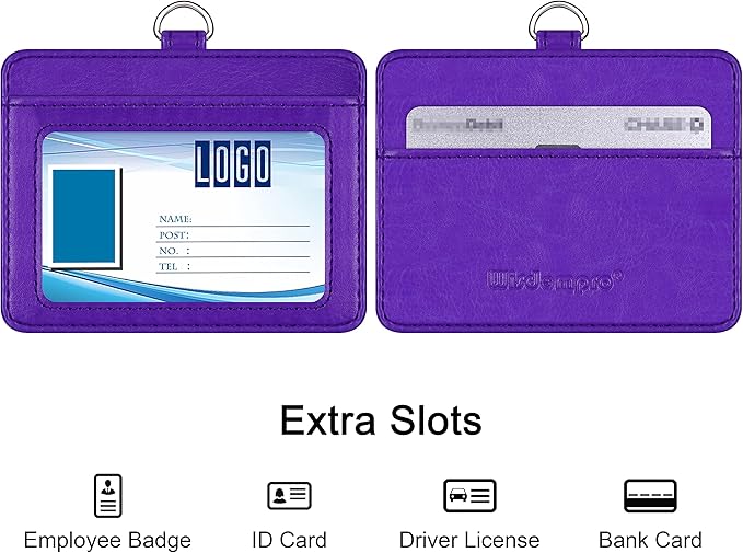 Wisdompro 2-Sided PU Leather ID Badge Holder with 1 ID Window and 1 Card Slot and 1 Piece 23 Inch Adjustable Polyester Detachable Neck Lanyard Strap (Holds 3 to 4 Cards) - Purple (Horizontal)