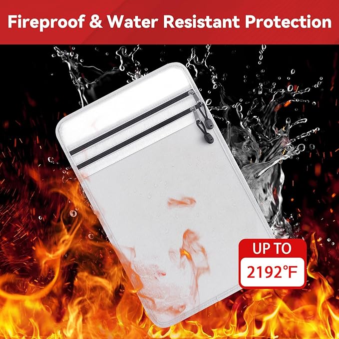 kanhiro Upgraded Two-Pocket Fireproof Document Bag 2192℉ Fireproof & Water-Resistant Money Bag with Zipper, Important Document Organizer for Passport, Cash, Valuables, Legal Files Safe