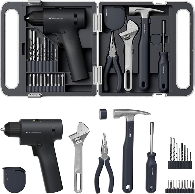 HOTO 25PCS Household Tool Kit with 16V Brushless Drill, Smart Display, 50 N·m Torque, 32 Torque Settings, USB-C Charging, LED Light, Includes Hammer, Wrench, Pliers, 8 x Drill Bits, 10 x Bits