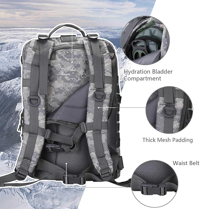 MOLLE Assault Backpack, Tactical Backpack Army Military Camping Rucksack, 3-Day Pack Travel Trip w/USA Flag Patch, D-Rings, ACU Camo