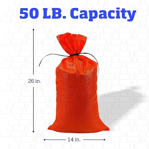 DURASACK Heavy Duty Sand Bags with Tie Strings Empty Woven Polypropylene Sand-Bags for Flood Control with 1600 Hours of UV Protection, 50 lbs Capacity, 14x26 inches, Orange, Pack of 20