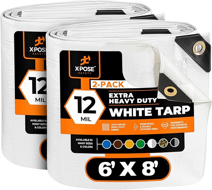 Heavy Duty White Poly Tarp 6' X 8' (2-Pack) - Multipurpose Protective Cover - Durable, Waterproof, Weather Proof, Rip and Tear Resistant - Extra Thick 12 Mil Polyethylene - by Xpose Safety