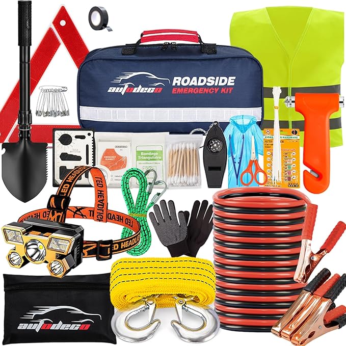 AUTODECO Car Roadside Emergency Kit, Portable Roadside Emergency Kits for Vehicles Car Safety Kit with Jumper Cables, Safety Hammer, Folding Shovel