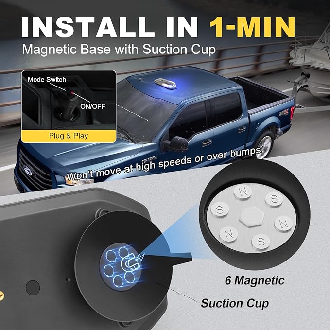 Agrieyes Magnetic Strobe Light for Trucks, 68 LED Amber Emergency Light Bar for Vehicles, Smoked LENS Beacon Flashing Warning Security Caution for Plow Snow Trailer Safety Waterproof White Blue