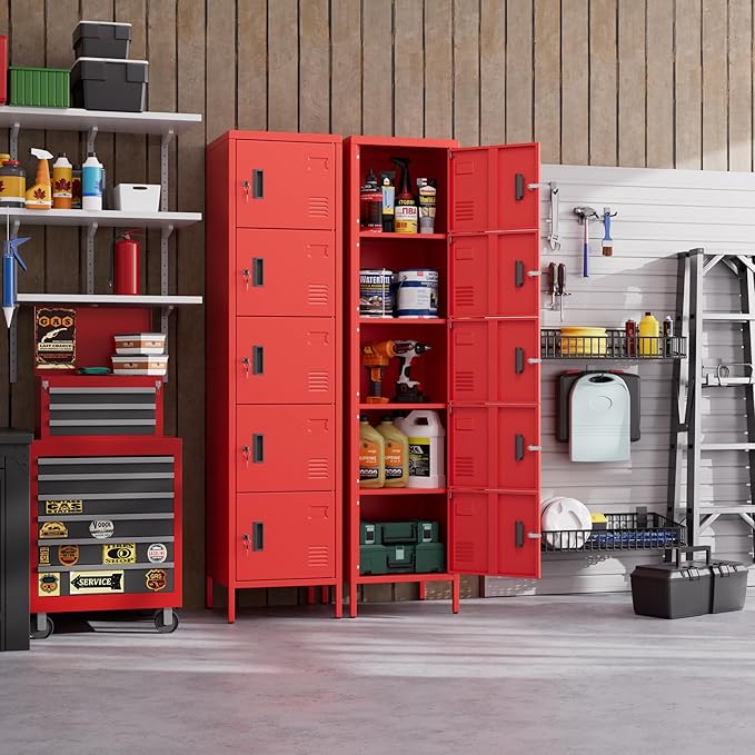 Metal Locker with Lock and Ventilation Holes,Metal Storage Locker with Business Card Slot for Home,Gym,Garage,School,Office,15.8" D x 15.8" W x 66" H Assembly Required,Red
