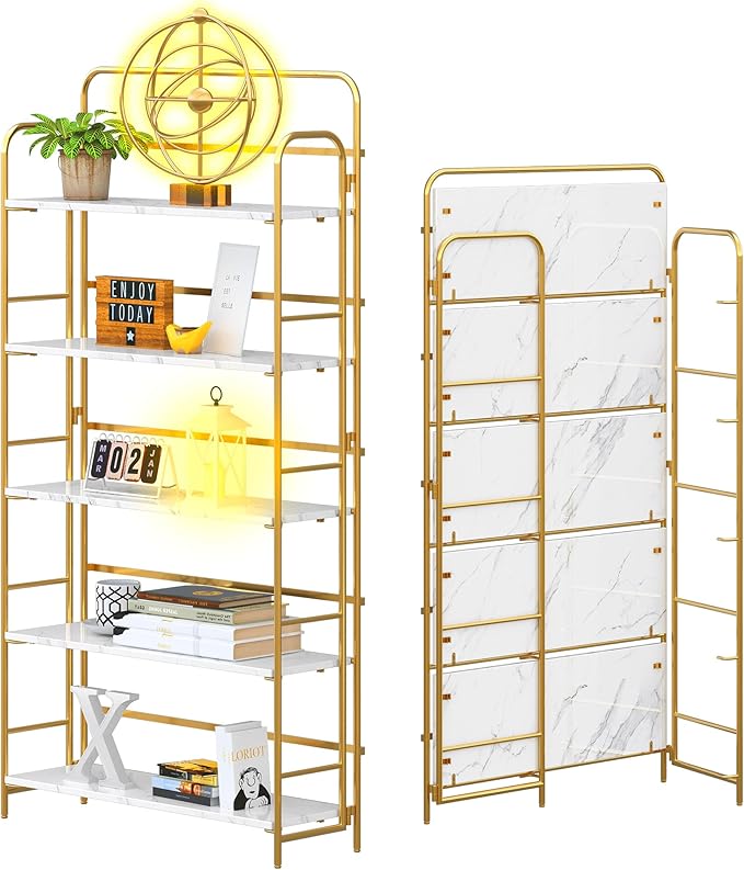 4NM No Assembly Folding Bookshelf, 5 Tiers Collapsible Book Shelves Open Industrial Foldable Storage Bookcase Shelf for Bedroom, Living Room, Home Office - White and Gold