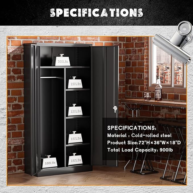 Greenvelly Metal Storage Wardrobe Cabinet with Lock,72" X 36" X 18" Clothing Locker Storage Cabinet,Employees Locker Closet Clothing Coat Wardrobe Cabinet with Hanging Rod for Garage,Home Office,Gym