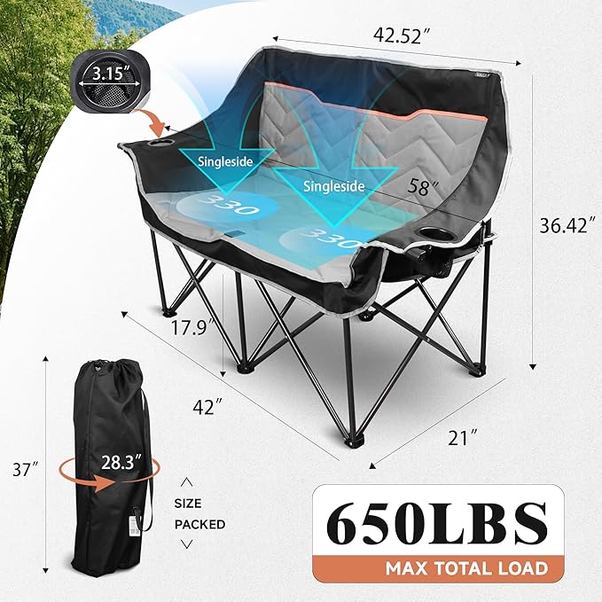 Double Camping Chair, Padded Loveseat Camping Couch, Oversized 2 Person Camp Chairs with Carry Bag,Heavy Duty Folding Lawn Chair for Adults Portable Outdoor Folding Sofa for Patio Backyard, Black