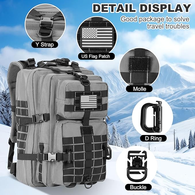 MOLLE Assault Backpack, Tactical Backpack Military Army Camping Rucksack, 3-Day Pack Trip w/USA Flag Patch, D-Rings Grey and Black