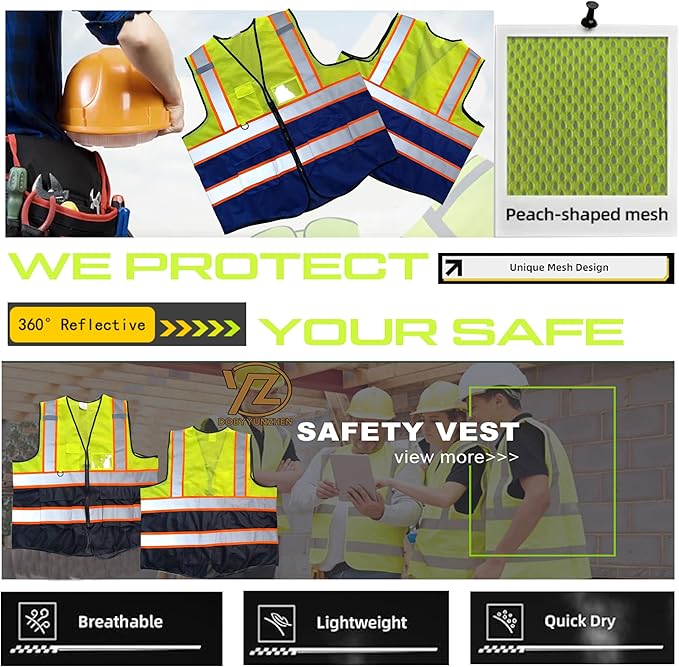 High Visibility Safety Reflective Vest with Pockets and Zipper Construction Hi Vis Work Vest(Yellow/Blue 2XL)
