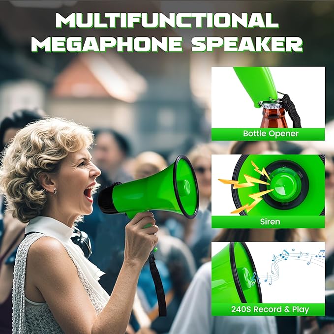MyMealivos Portable Megaphone Bullhorn 20 Watt Power Megaphone Speaker Voice and Siren/Alarm Modes with Volume Control and Strap (Green)