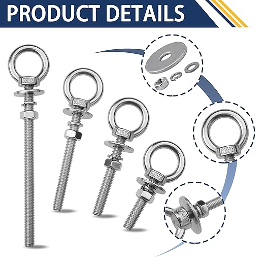 12 Pack M10 Stainless Steel Eye Bolts with Nuts, 3/8" x 4" Long Lifting Ring Eye Bolt， Eye Bolts Heavy Duty for Hang Tie Down Outdoor (12, M10x102mm (3/8"x4"))