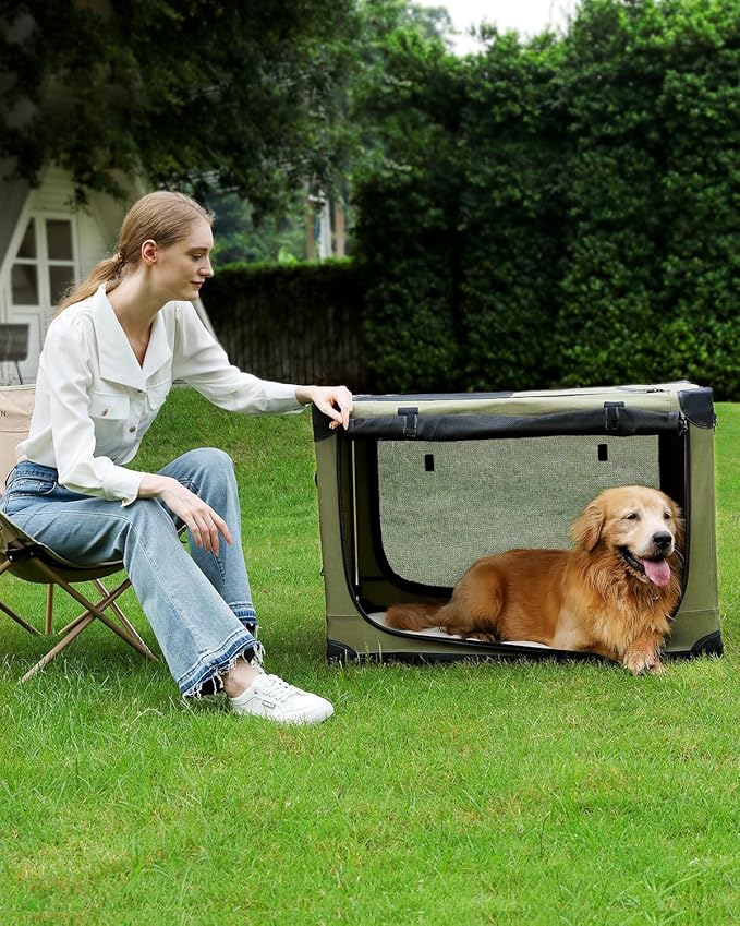 30-Inch Collapsible Travel Dog Crate, Portable 4-Door Soft Kennel for Medium to Large Dogs, Chew-Proof Mesh Windows, Indoor/Outdoor Use, Foldable, with Storage Bag (Green)