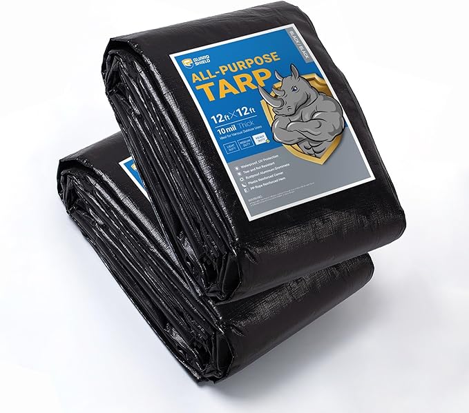 GUARD SHIELD Tarps Heavy Duty Waterproof 12x12 Feet Black Poly Tarp Cover Square Outdoor Thick UV Resistant Tarpaulin with Grommets 10mil (2-Pack)