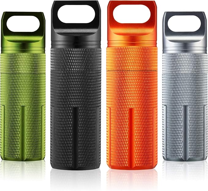 Patelai 4 Pcs Portable Keychain Pill Holder Pill Organizer Travel Waterproof Match Container Aluminum Airtight Keychain Container Travel Size Storage Supplements Holder for Outdoor Camping(Vintage)