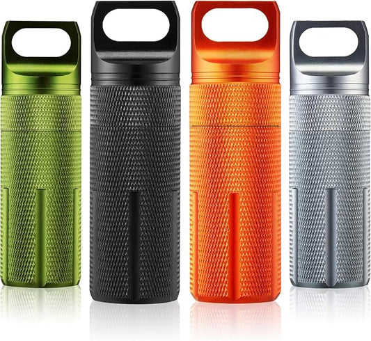Patelai 4 Pcs Portable Keychain Pill Holder Pill Organizer Travel Waterproof Match Container Aluminum Airtight Keychain Container Travel Size Storage Supplements Holder for Outdoor Camping(Vintage)